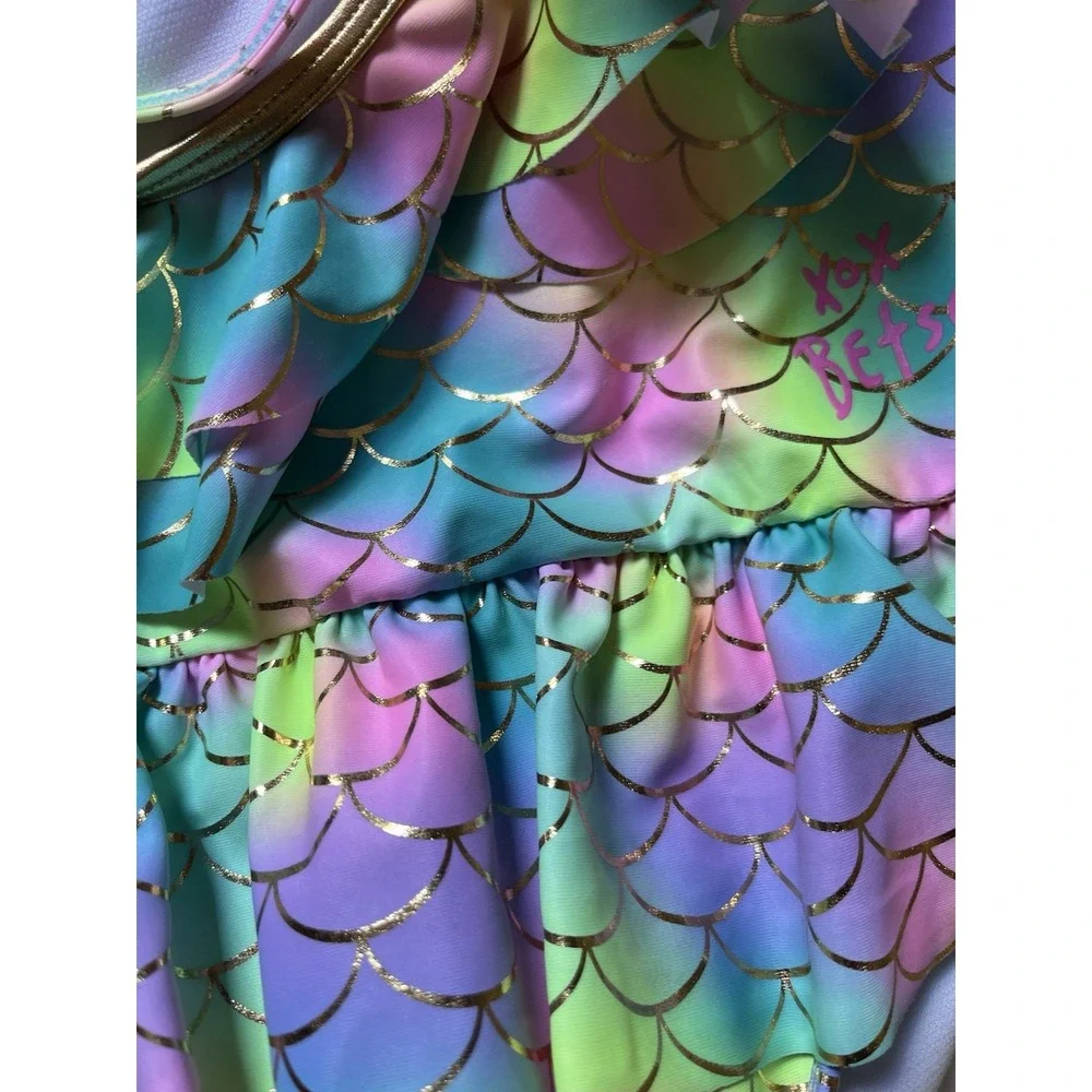 Betsey‎ Johnson Swimsuit Girls Sz 10 Mermaid Rainbow Ruffles Seashells One Piece